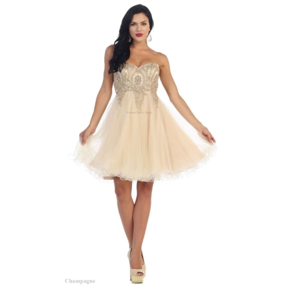 Champagne Quinceañera Dama Dress Style Outfit By May Queen MQ1414